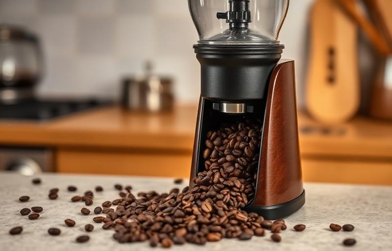 Coffee grinder with coffee beans on a kitchen counter
