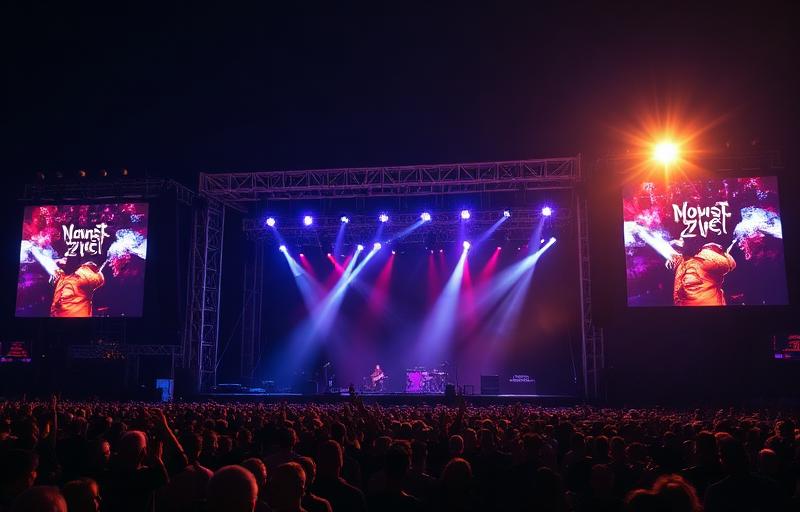 A large outdoor concert with stage lights and crowd