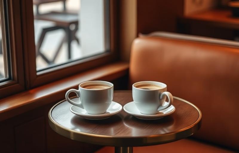 Two coffee cups on a small table in a cozy corner