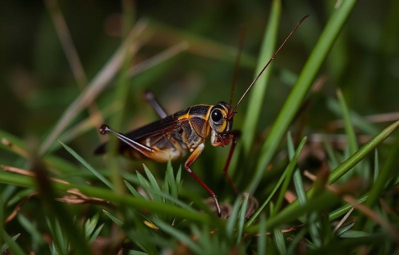 Cricket insect in grass at night, macro photography
