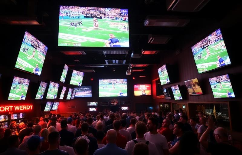 A crowded sports bar with TVs showing games