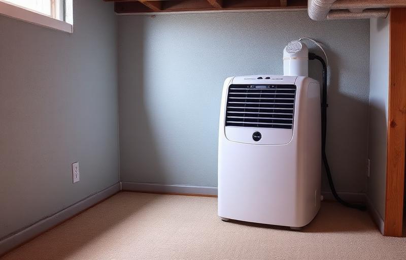 Dehumidifier appliance running in a basement room