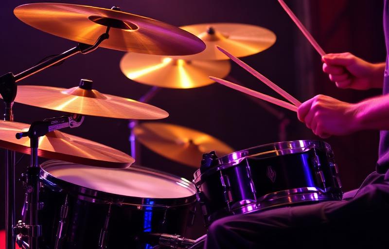 Drummer playing drum kit on stage