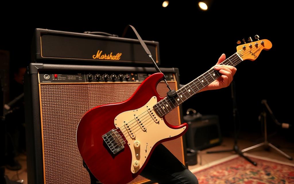 Electric guitar next to amplifier