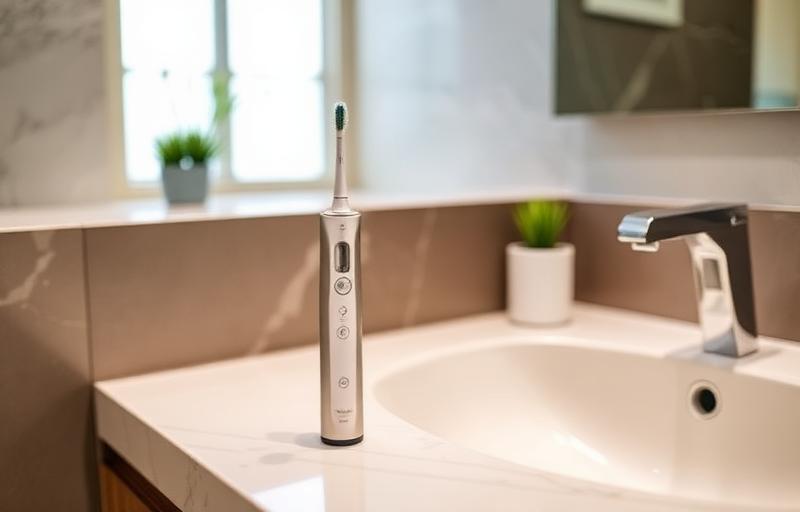 Electric toothbrush on a modern bathroom counter next to a sink