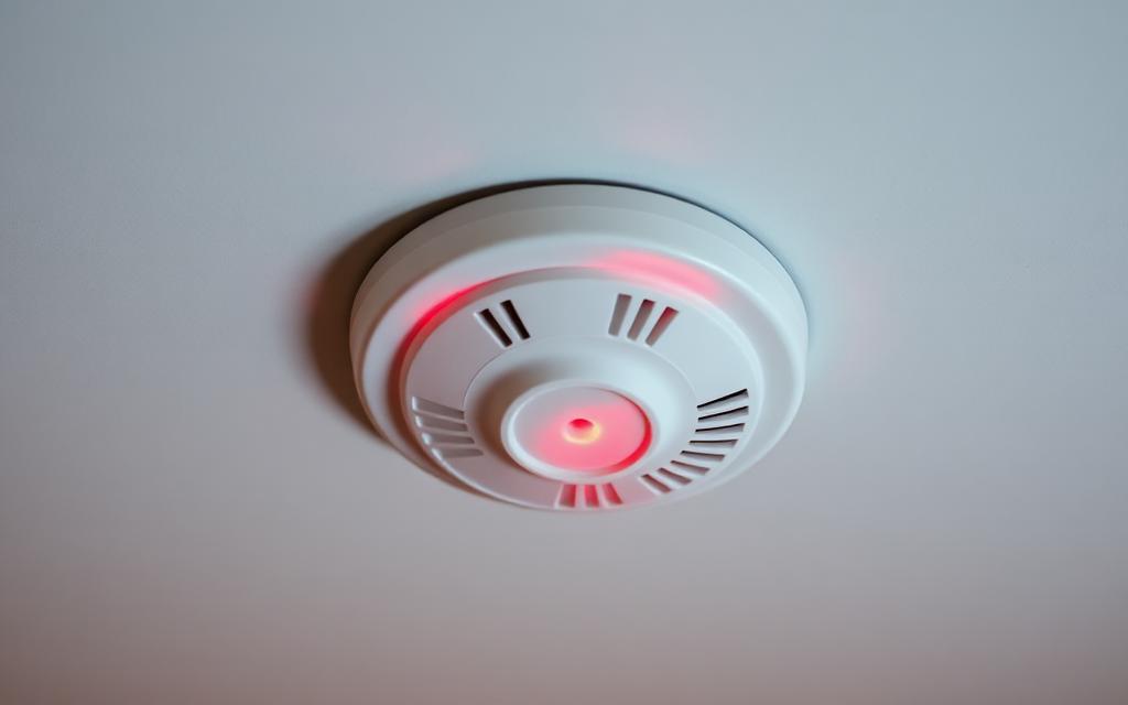 Smoke detector on ceiling with red indicator light