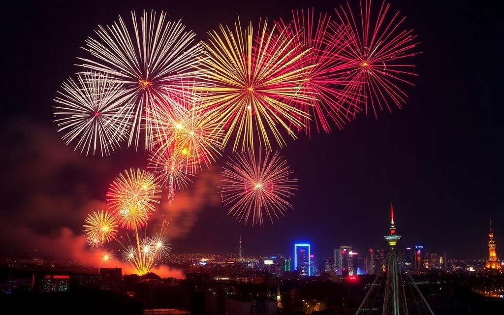 Colorful fireworks exploding over a city at night