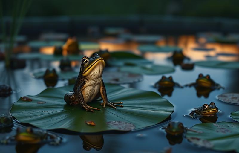Frog croaking on a lily pad in a pond at twilight