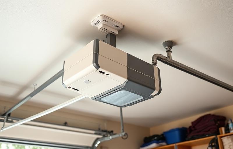 Garage door opener mechanism installed on ceiling of residential garage