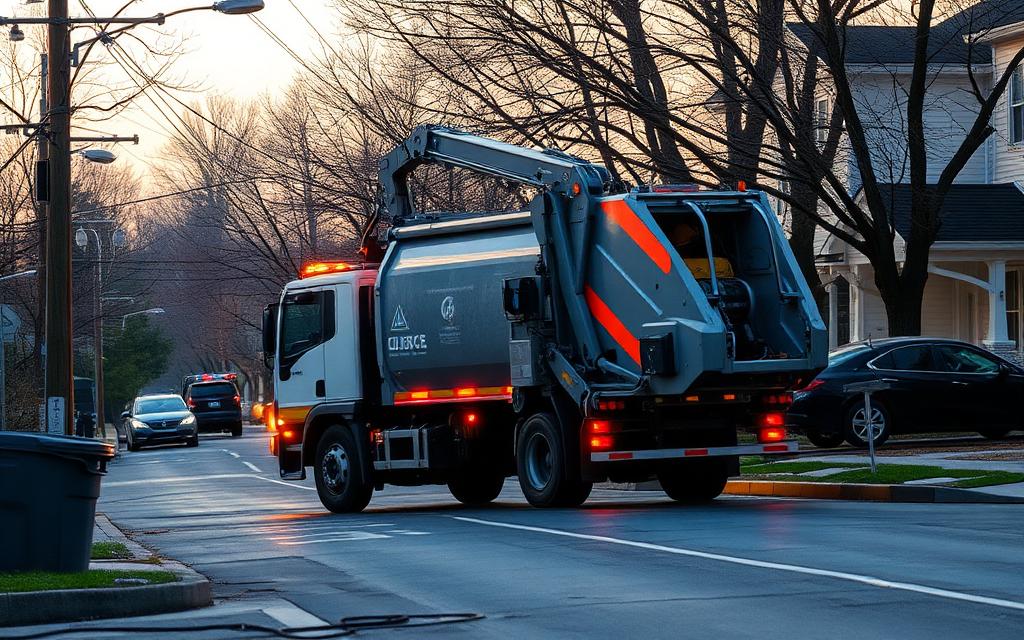Garbage truck on residential street