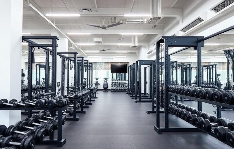 A modern gym interior with weight racks and equipment