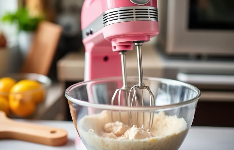 Hand mixer blending ingredients in a stainless steel bowl in a kitchen