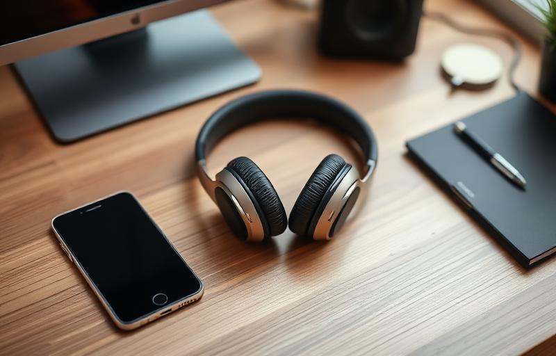 Over-ear headphones on a wooden desk