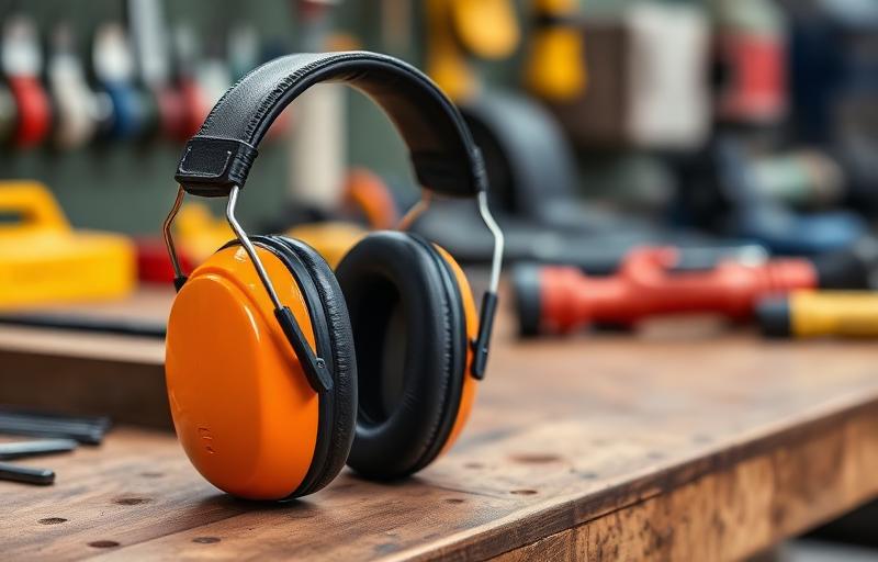 Hearing protection earmuffs on a workbench