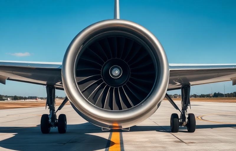 A jet engine on an airport runway