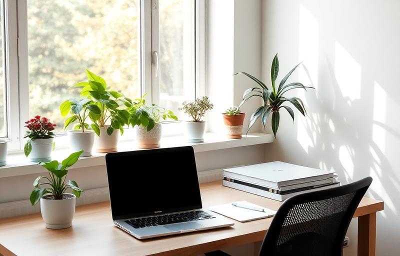 A peaceful office desk with laptop and plants