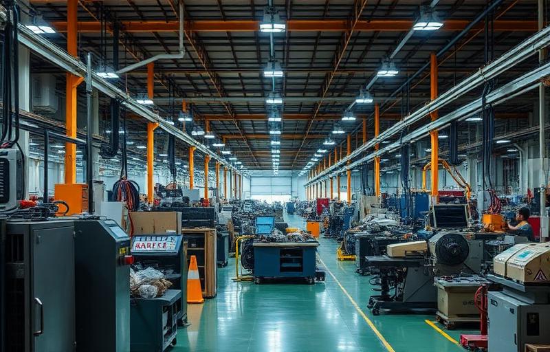 A noisy factory floor representing 80 decibels