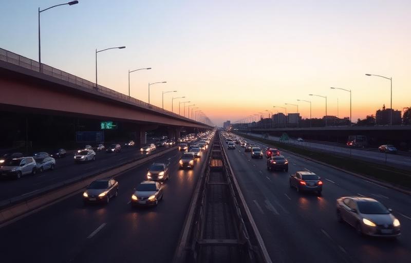 A busy highway at dusk representing 90 dB noise levels