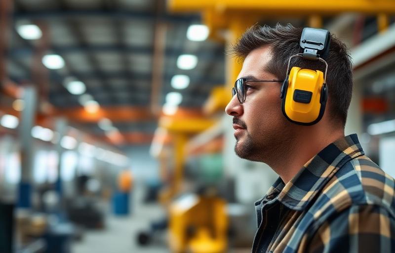 Worker with hearing protection in factory at 95 dB