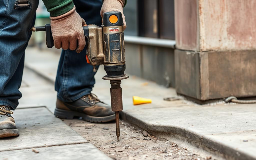 Worker using a jackhammer on a concrete sidewalk