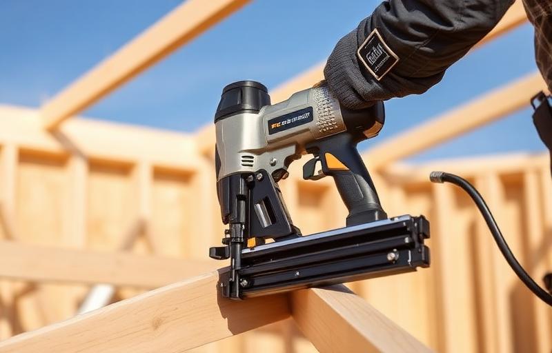 Nail gun being used on wooden framing on a construction site