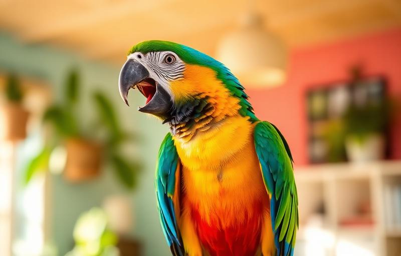 Colorful parrot squawking on a perch in a bright room