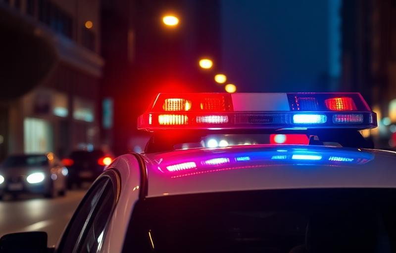 Police car siren flashing red and blue lights at night on city street