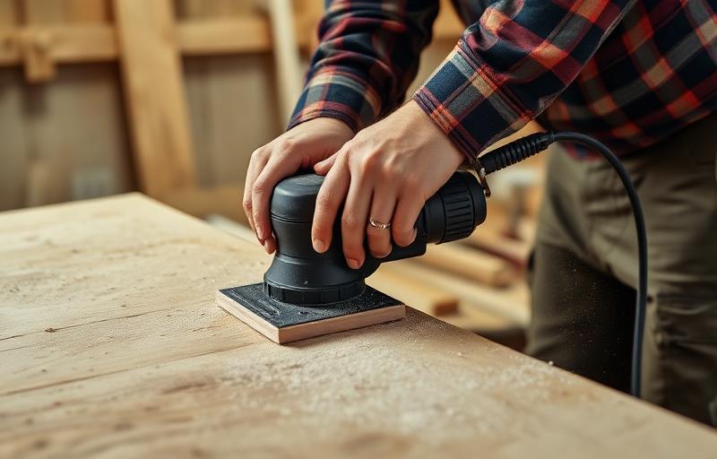 Person using a power sander on wooden surface in woodworking shop