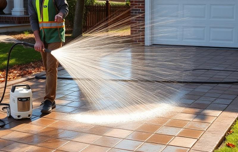 Person using pressure washer on driveway