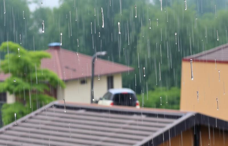 Rain falling on rooftops