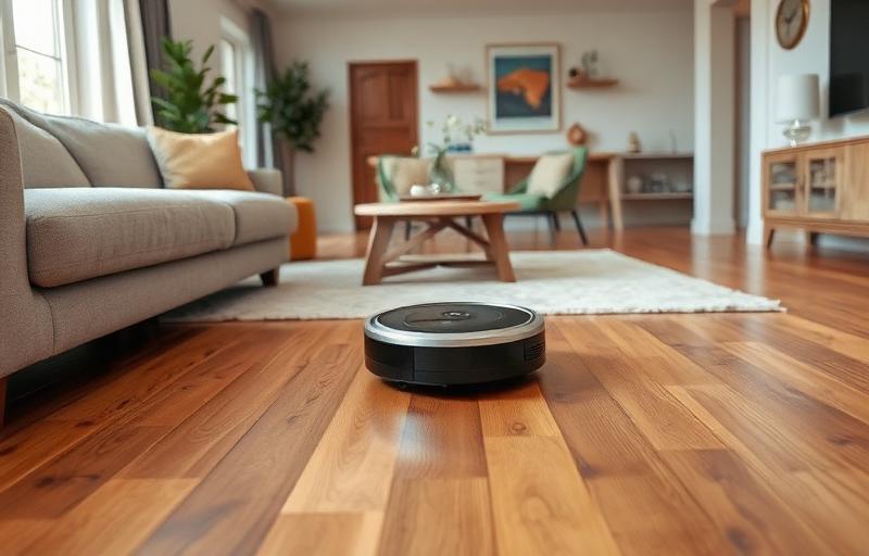 Robot vacuum cleaning hardwood floor in a modern living room