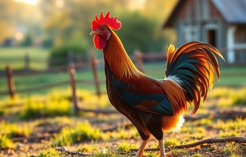 Rooster crowing at dawn on a rural farm with golden morning light