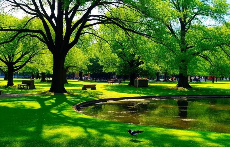 A peaceful green park with trees and a pond