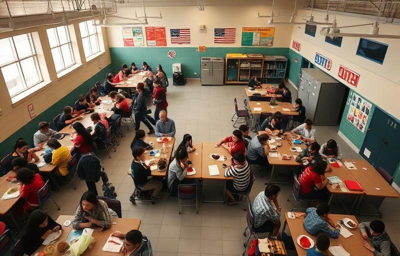 Busy school cafeteria full of children eating and talking