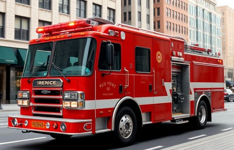 A fire truck with emergency lights on a city street