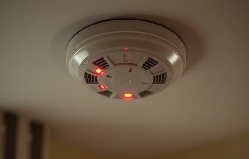 Smoke detector on ceiling with red light