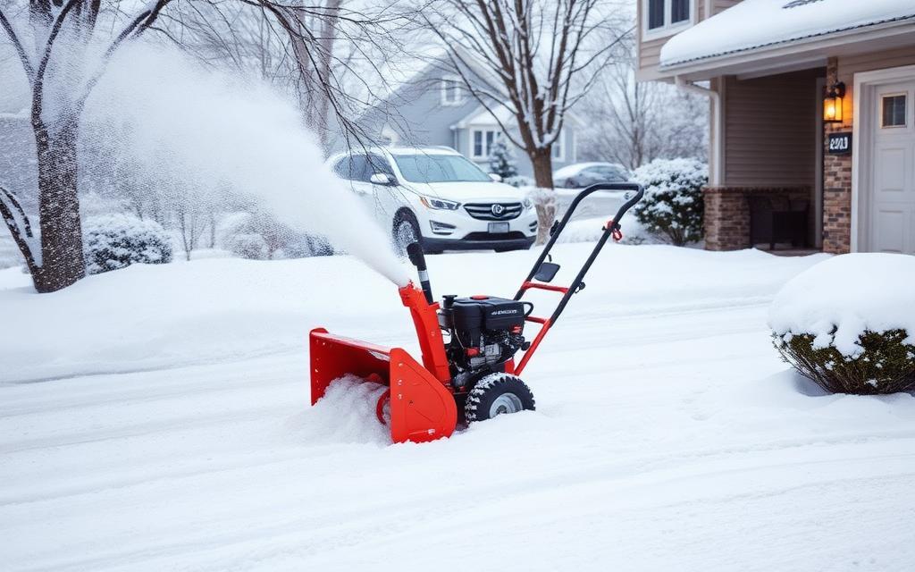 Red snow blower clearing a driveway