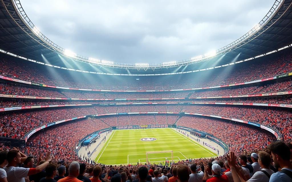 Packed sports stadium with cheering fans