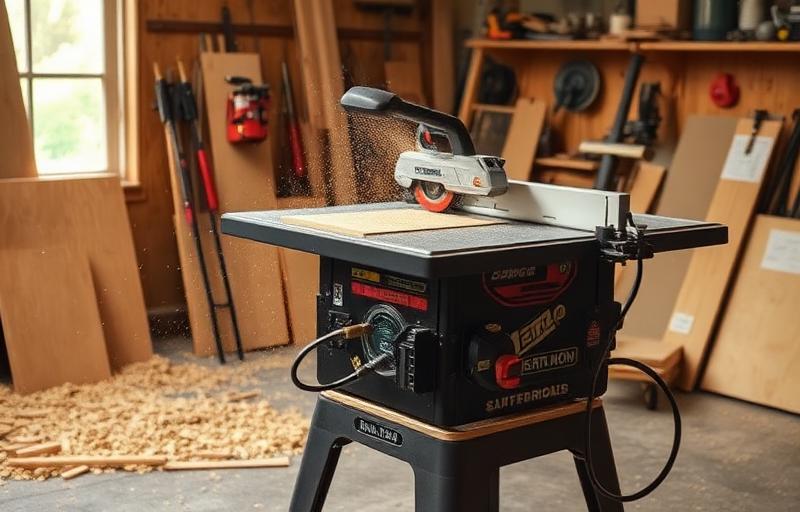 Table saw cutting wood in a workshop with sawdust flying