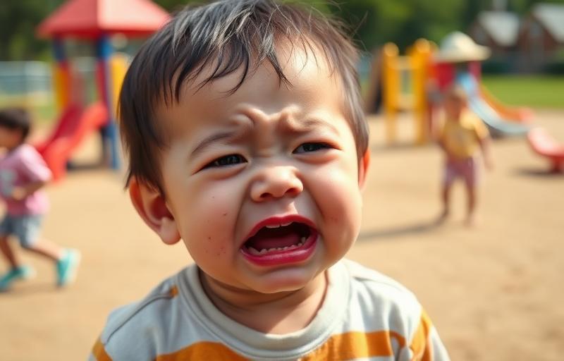 Toddler crying outdoors at a playground with other children in background