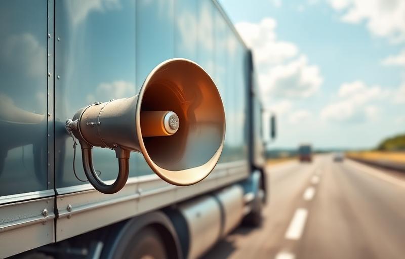 Large semi truck horn on a highway during daytime