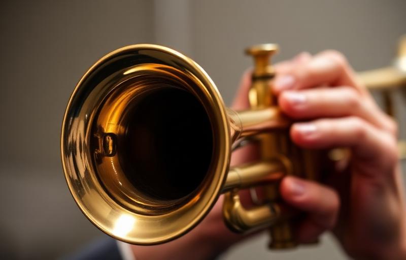 Trumpet being played closeup showing brass bell and hands