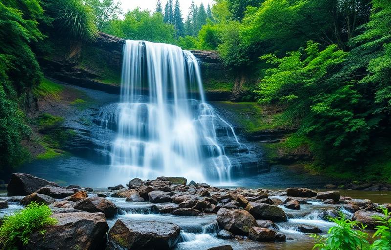 Waterfall cascading over rocks in a lush green forest