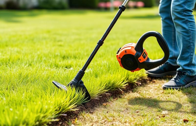 Weed whacker string trimmer being used on a lawn edge