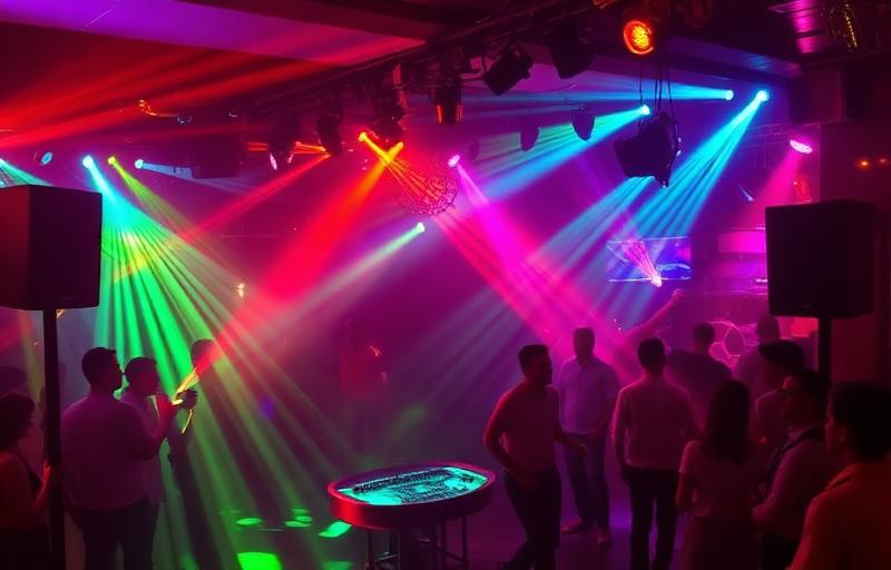 A nightclub with colorful lights representing 100 decibels