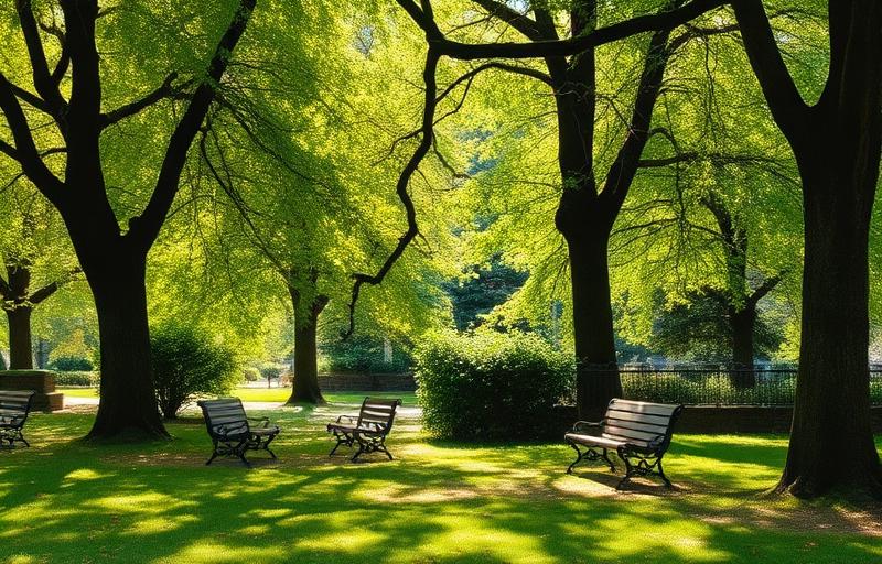 A serene park with benches representing 40 decibels