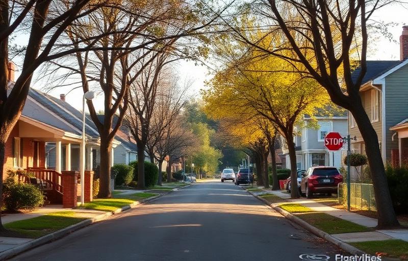 A quiet suburban street with trees and houses