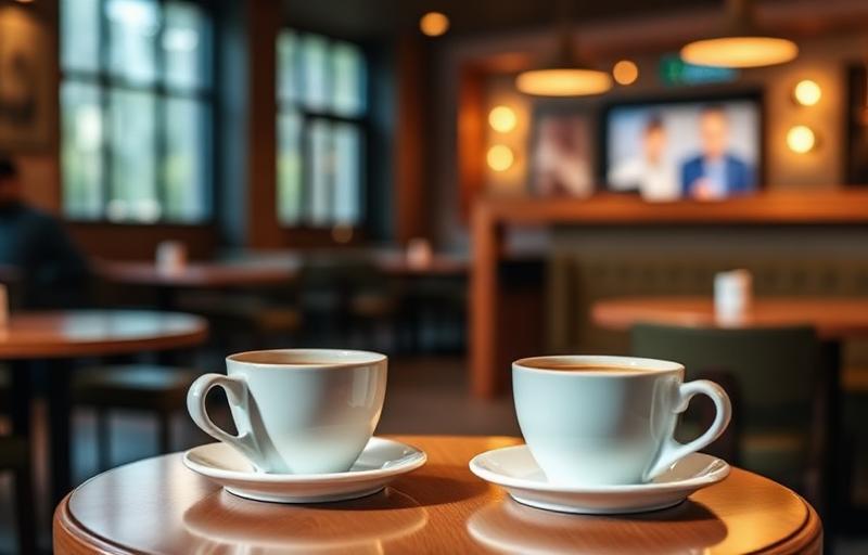 Coffee cups in a café representing 60 decibels