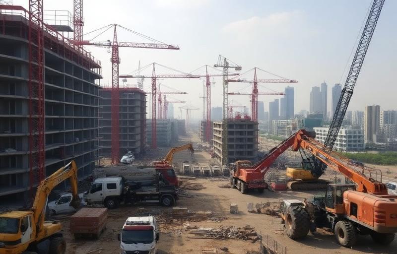 A busy construction site with cranes