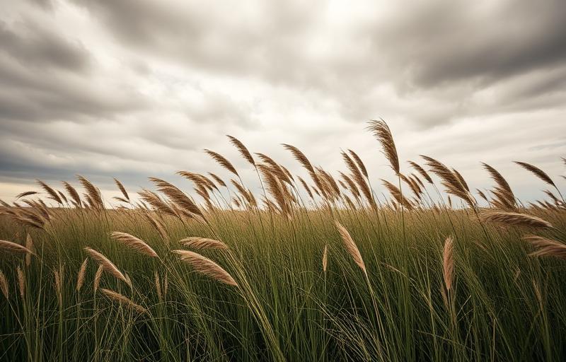 Tall grass bending in strong wind under cloudy sky